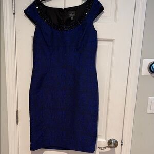 Adrianna Papell Royal Blue Textured Midi Dress with Beaded Neckline